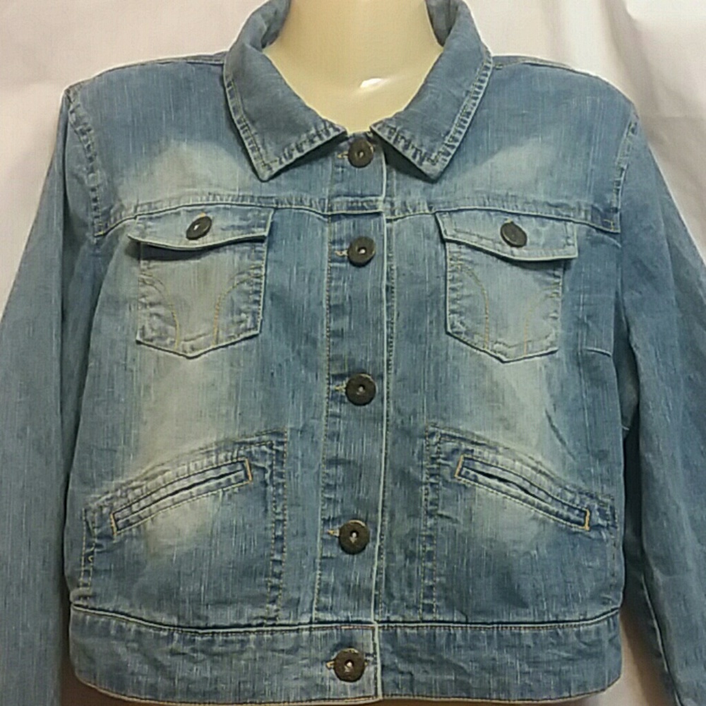 Taxi Womens Large Blue Jean Jacket Y2K Cropped Stretch Denim Boho - Picture 2 of 5